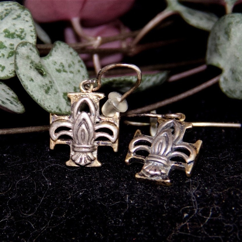 Sterling Silver Fleur De Lis Cross Drop Earrings Vintage 925 Antiqued Dangle